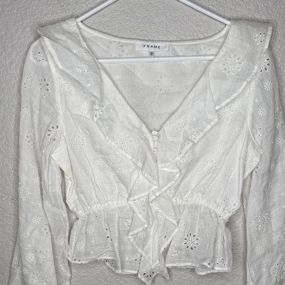 NEW Frame Ruffle-Front Eyelet Top White Raime Cotton Size XS Feminine Western - Picture 2 of 8